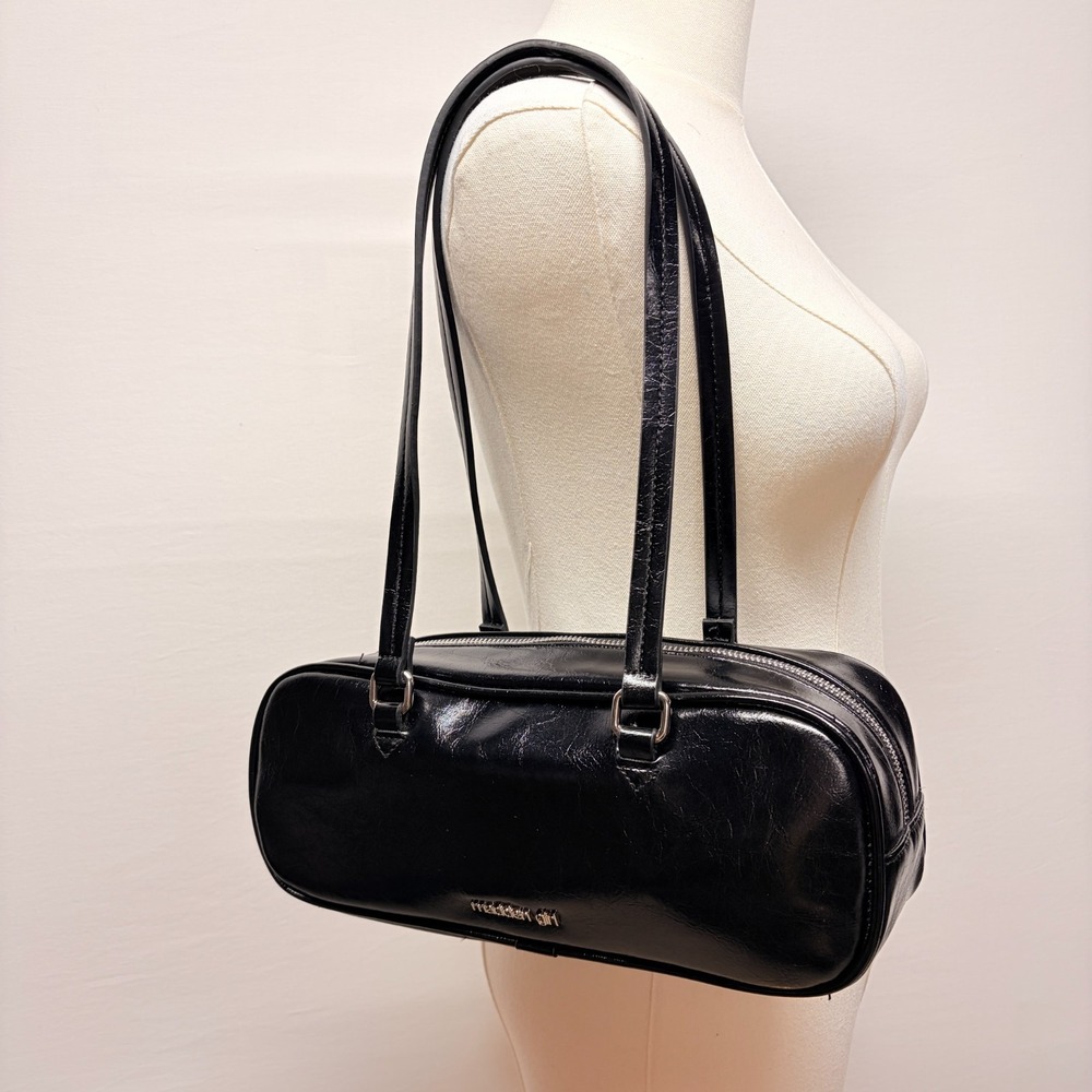 Madden Girl Andarna Crinkle Zipper Shoulder Bag Y2K McBling Barrel Black